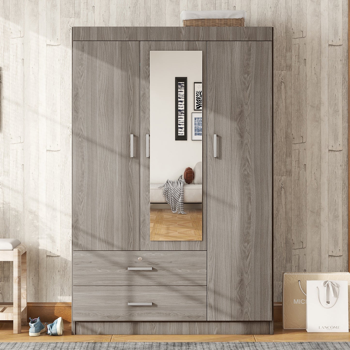 3-Door Mirror Wardrobe with (2) Drawers in Gray