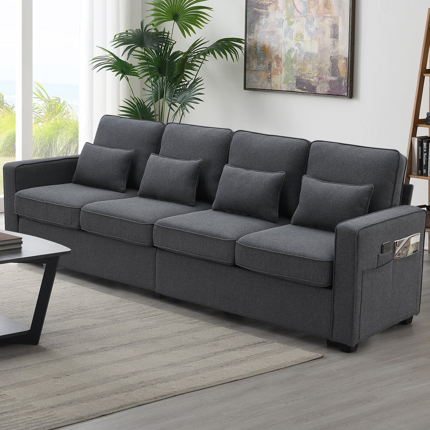 Monyanta Modern Linen Fabric Sofa with Armrest Pockets in Dark Grey