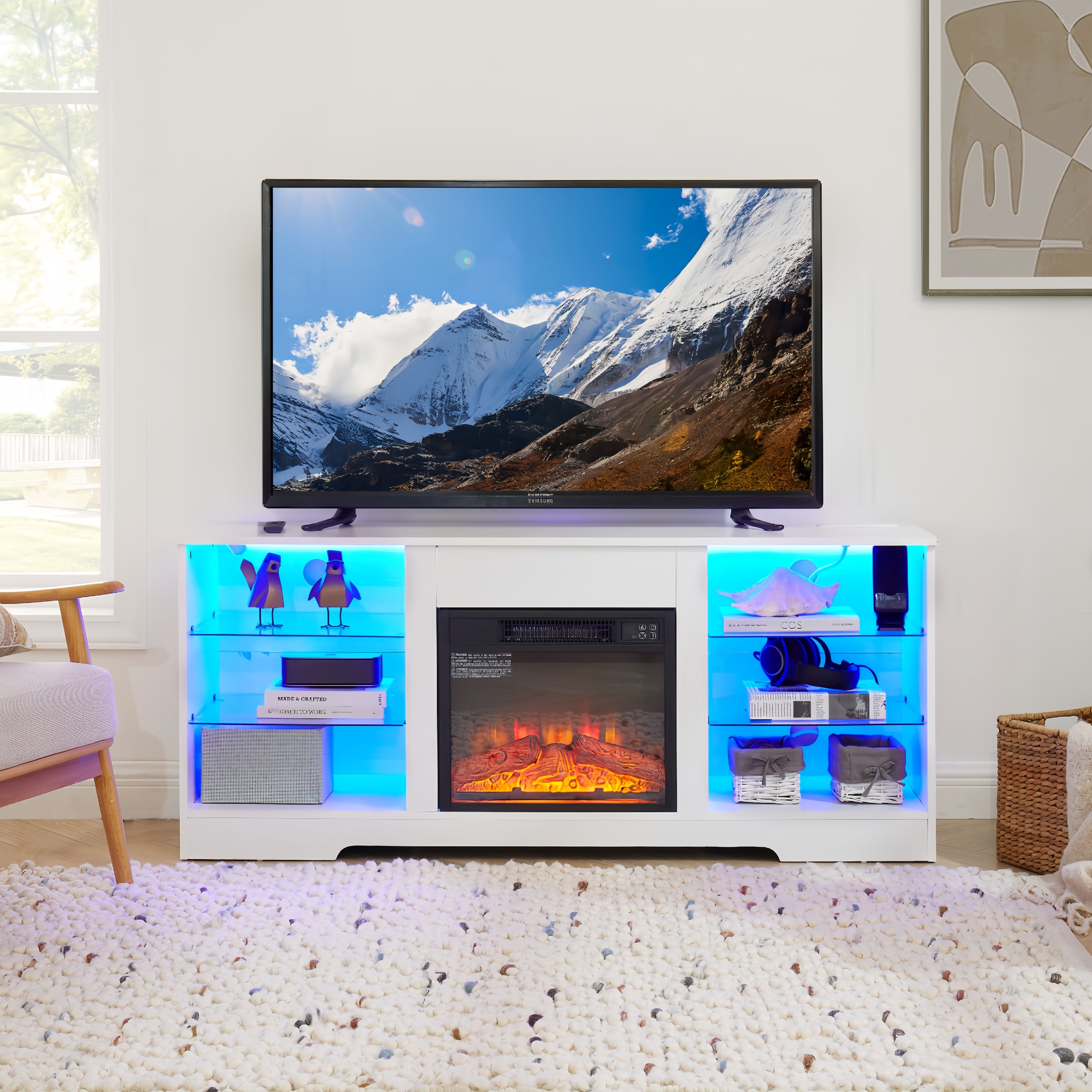 Java TV Stand w/ Electric Fireplace in White Finish