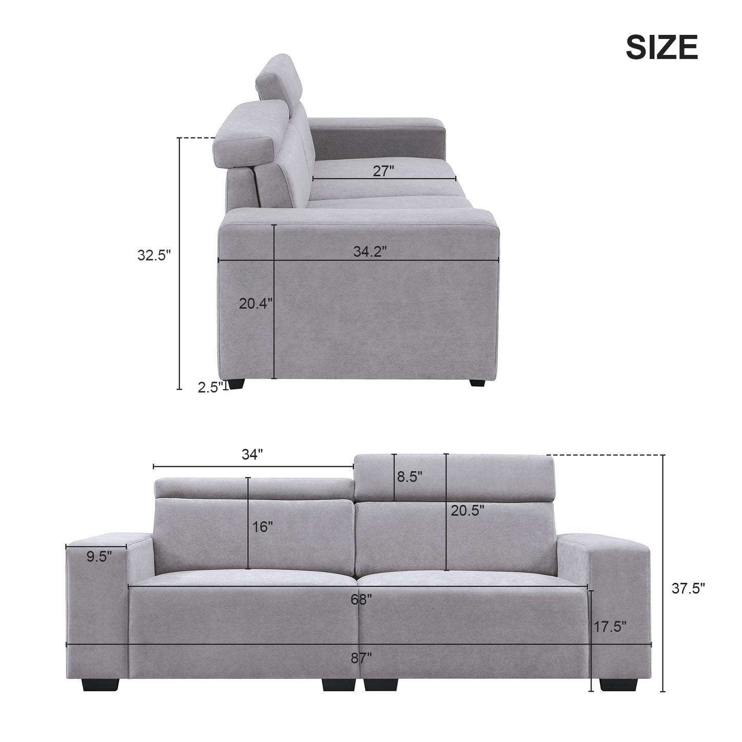 Doral Gray Sectional Sofa Couch w/ Multi-Angle Adjustable Headrest