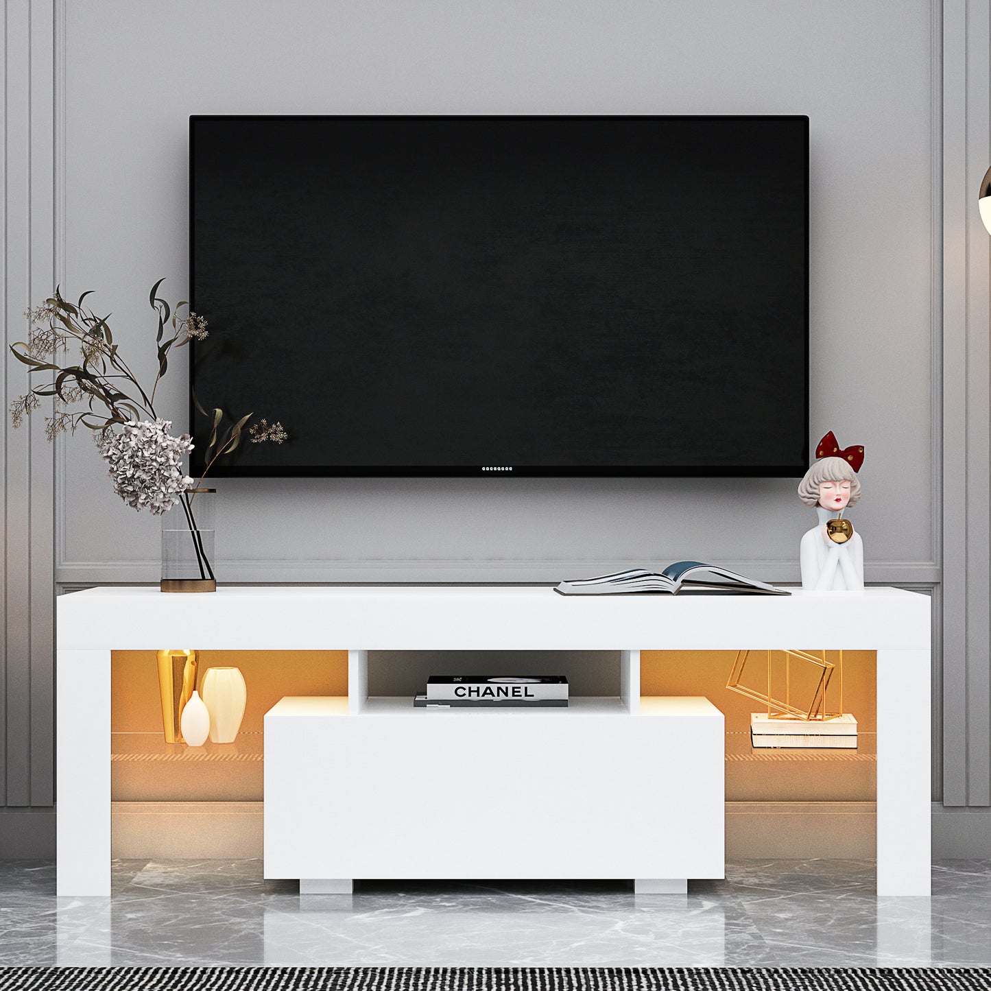 White TV Stand with LED RGB Lights