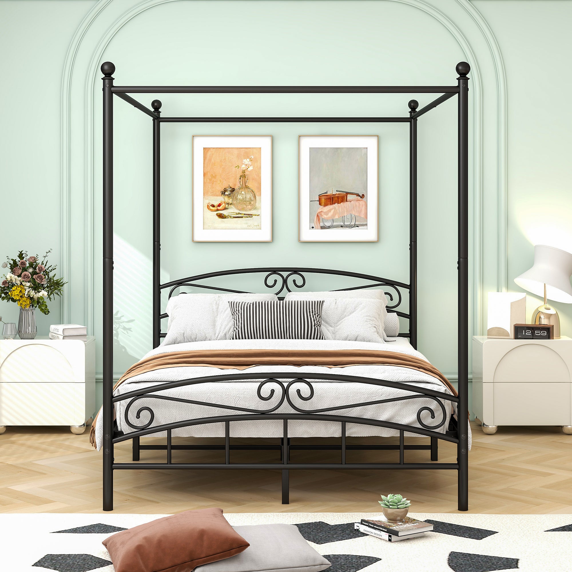 Linea Simple Queen Size Metal Canopy Bed Frame