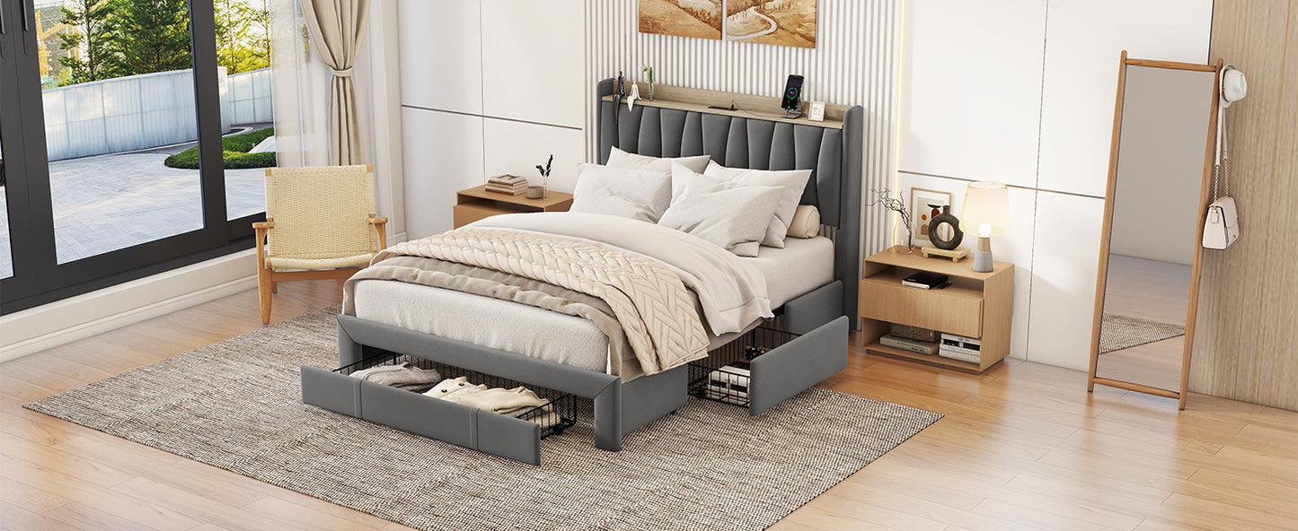 Brinxton Queen Size Bed Frame with Storage Headboard and Charging Station