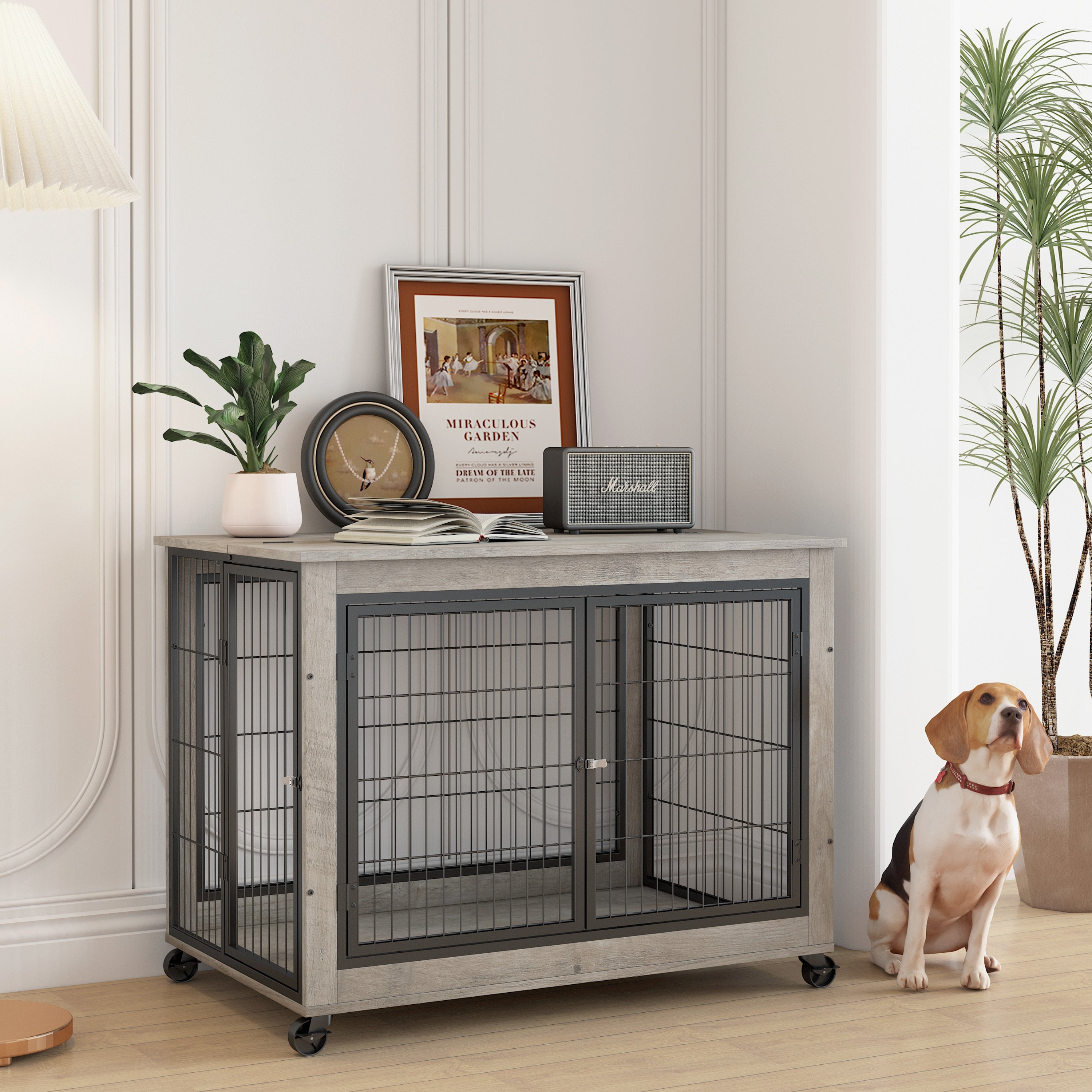 PawCraft Dog Crate Side Table on Wheels, Grey with Lift Top & Doors